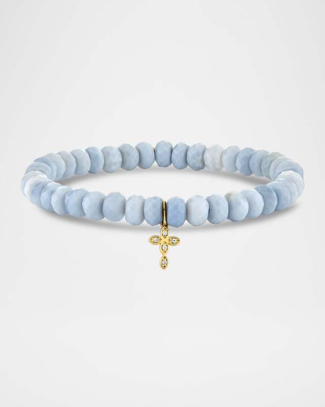 Small Marquise Eye Cross Charm Blue African Opal Bead Bracelet